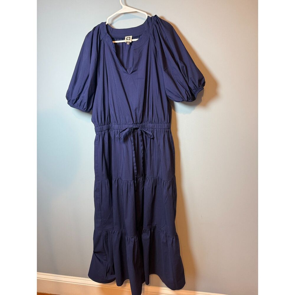 Anne Klein Tiered PuffSleeve Midi Dress is styled in a deep Normandy Blue